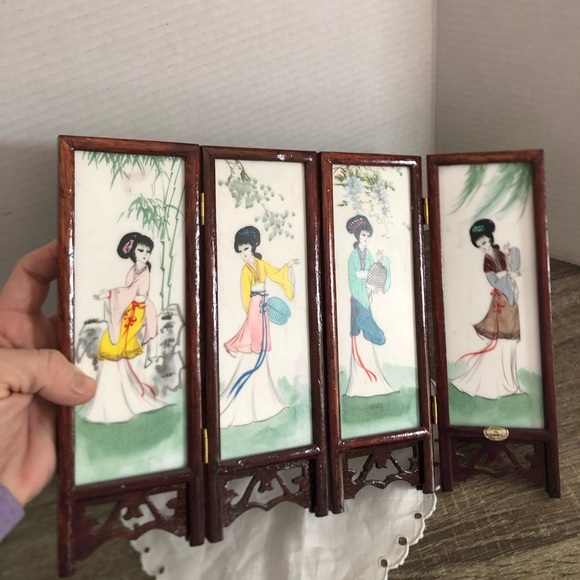 Vtg Hand Painted Asian Folding Tabletop Divider - Picture 13 of 15